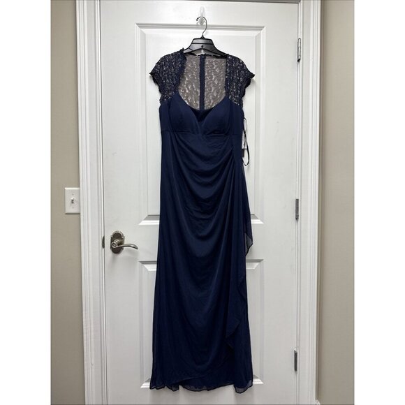 XSCAPE Size 16 Navy Metallic Lace Sleeve Chiffon Ruffled Cascade Gown Dress New - Picture 5 of 12